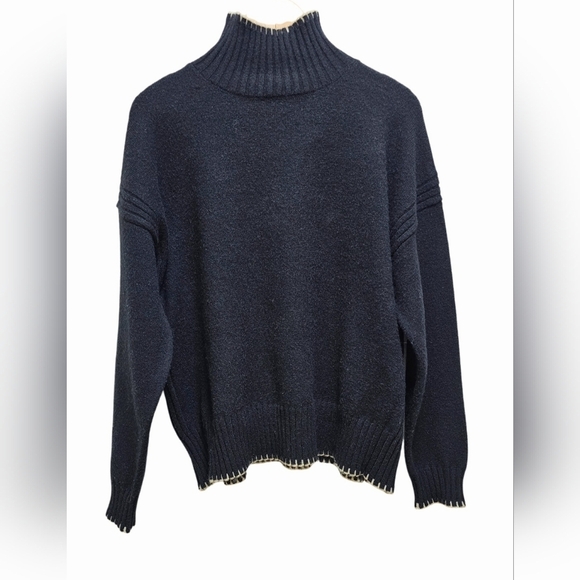 Max Studio Mockneck Turtleneck Sweater Black off white trim size M - Picture 2 of 9
